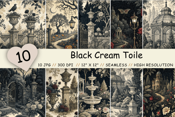 Black Cream Toile Digital Paper Pack: Gothic Elegance