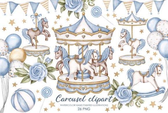 Blue Watercolor Carousel Horse Clipart: A Whimsical Design Resource