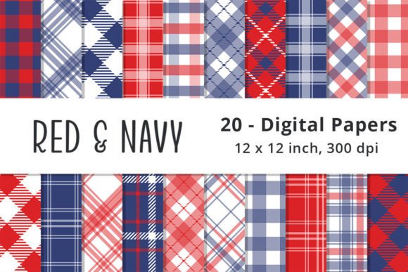 Navy Blue and Red Plaid Digital Patterns for Patriotic Crafts
