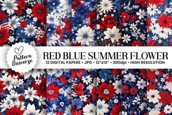 Patriotic Summer Flowers Digital Papers for Your Projects