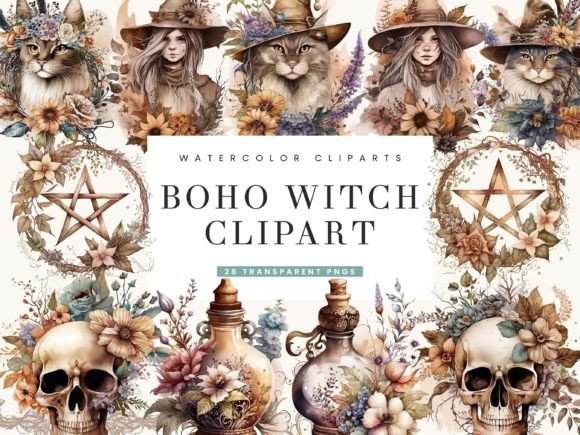 Watercolor Boho Witch Clipart: A Versatile Design Asset