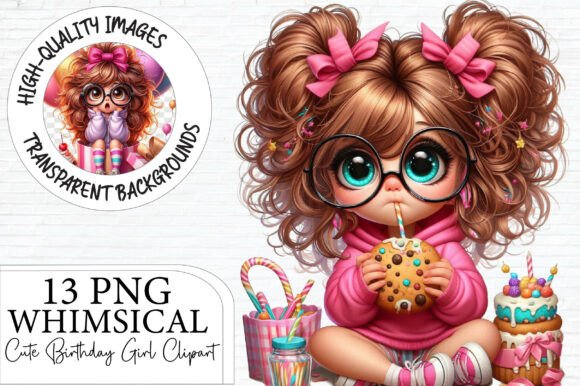 Whimsical Cute Birthday Girl Clipart: Joyful Design Assets